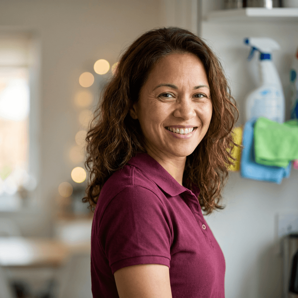 Maria Sanchez, lead cleaner, holding a microfiber cloth in a modern kitchen