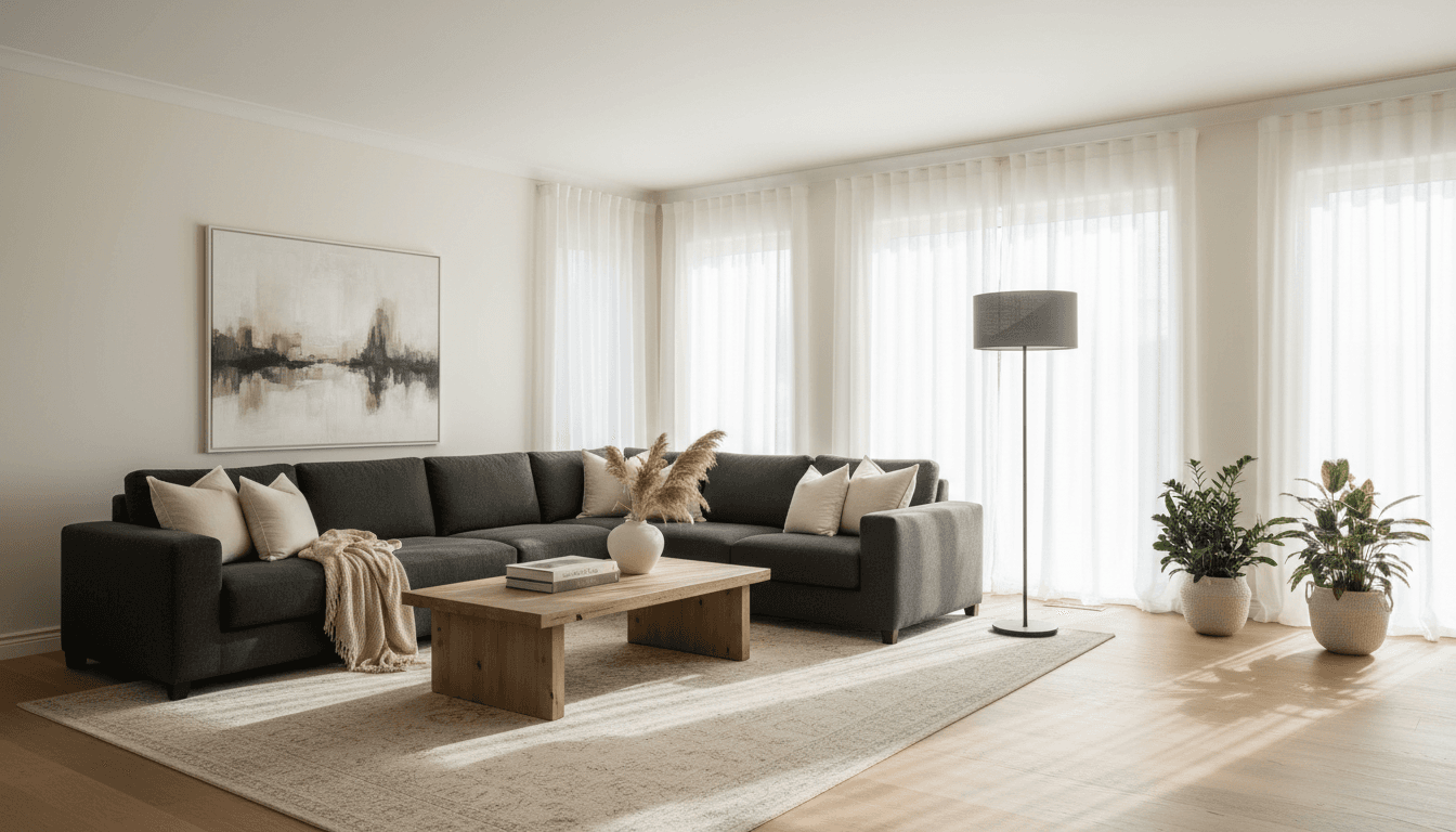 Bright and clean living room with dark gray sofa and wooden coffee table