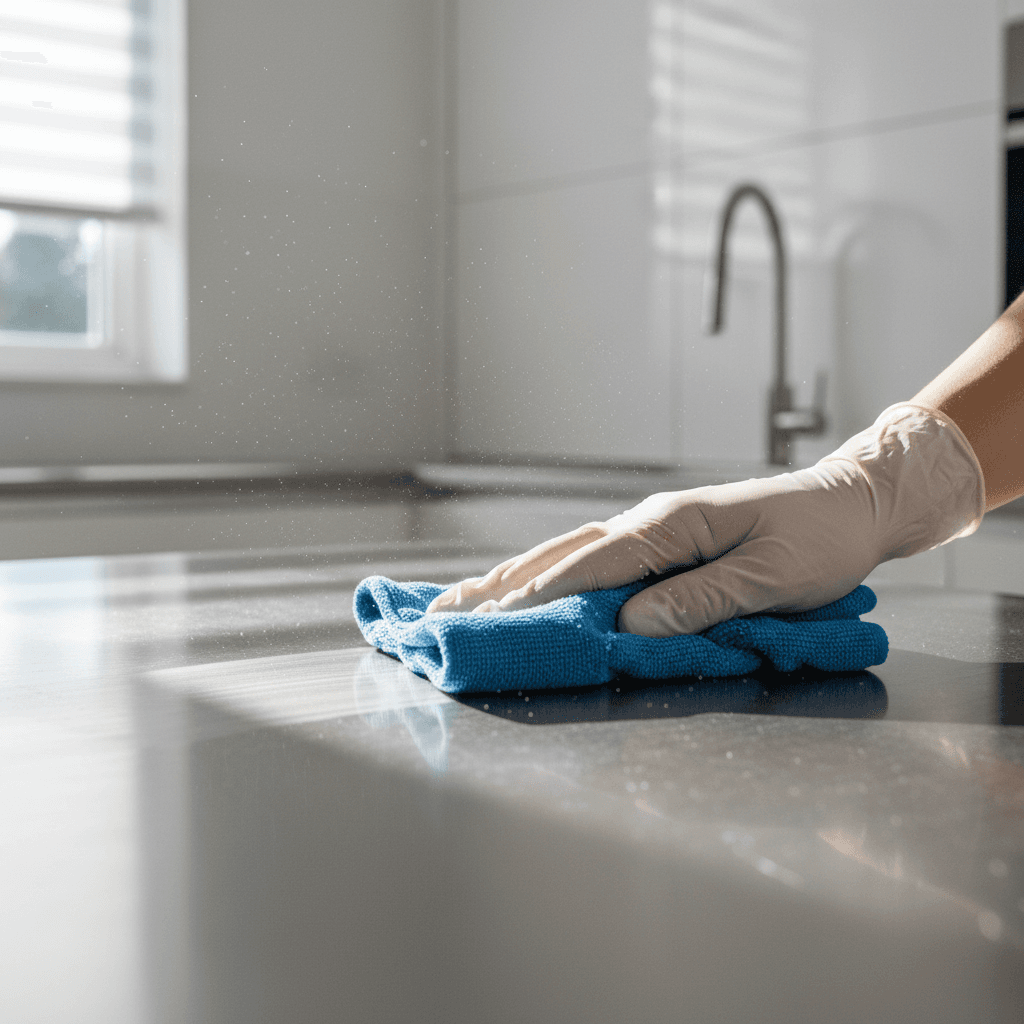 Gloved hand wiping a stainless steel stovetop with a microfiber cloth