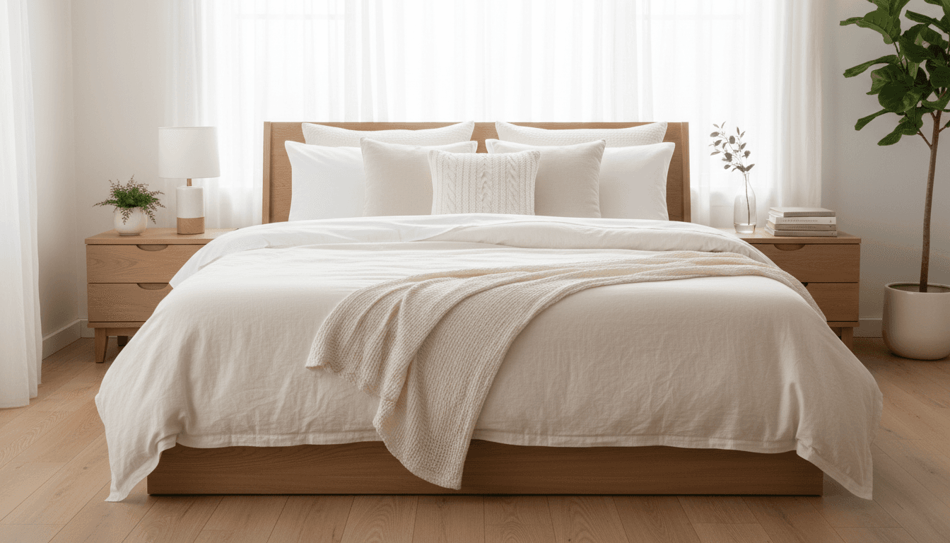 Freshly made bed with white pillows and a light pink comforter in a clean bedroom