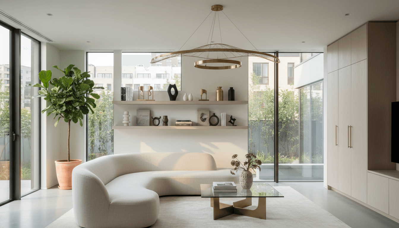 Bright and clean San Antonio living room with a dark gray sofa and wooden coffee table