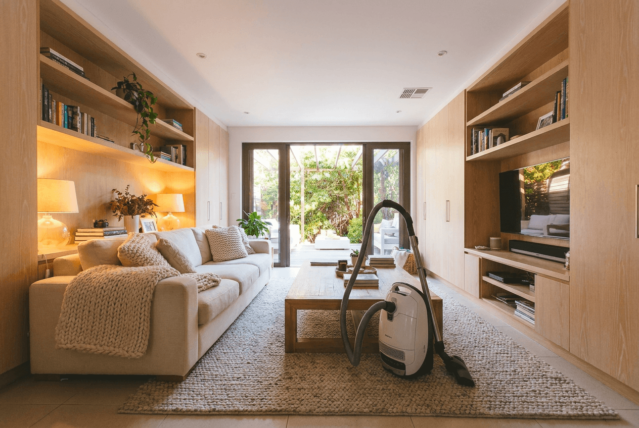 Spotless living room with dark gray sofa and wooden coffee table