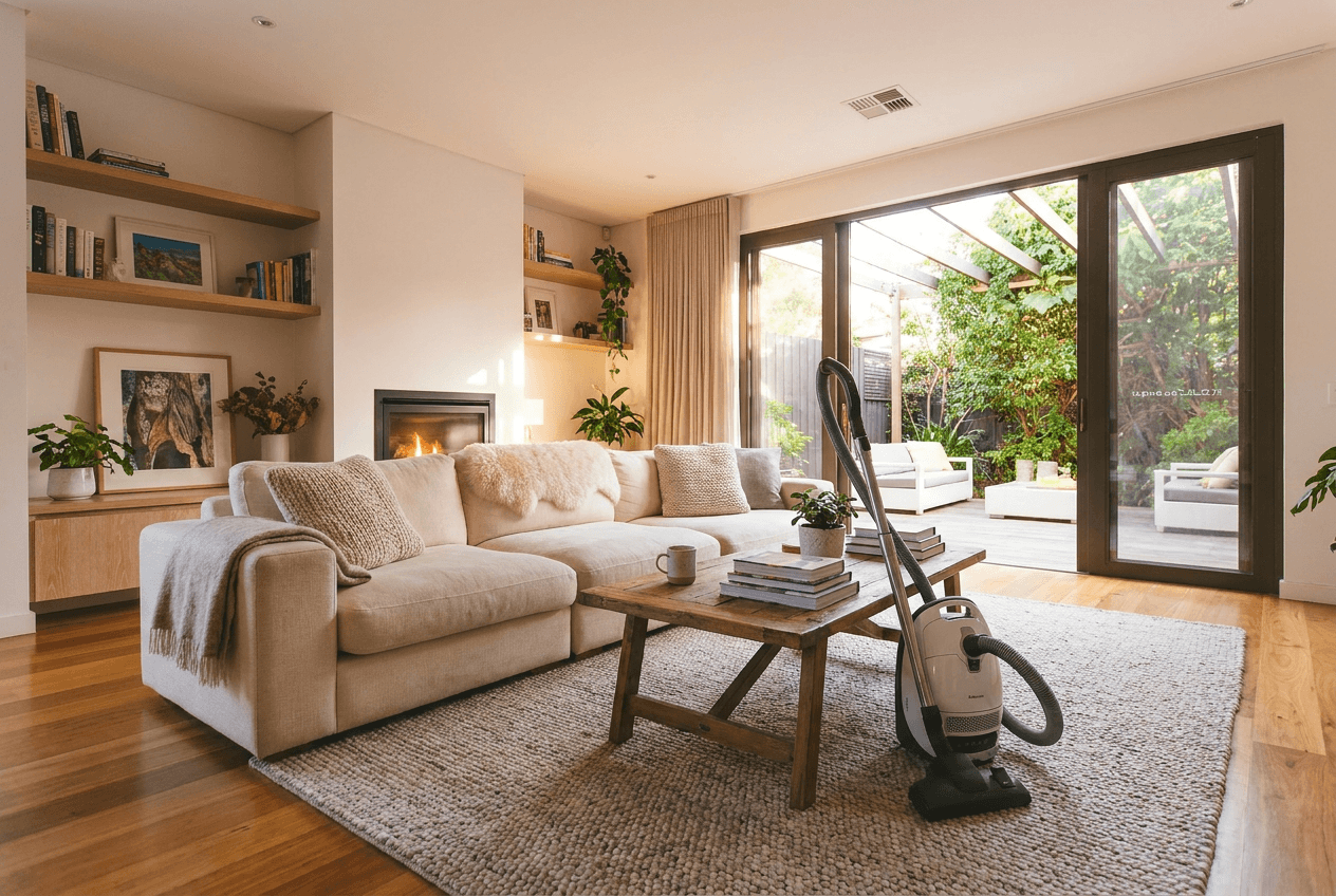 Freshly cleaned living room with a dark gray sofa and neatly arranged wooden coffee table